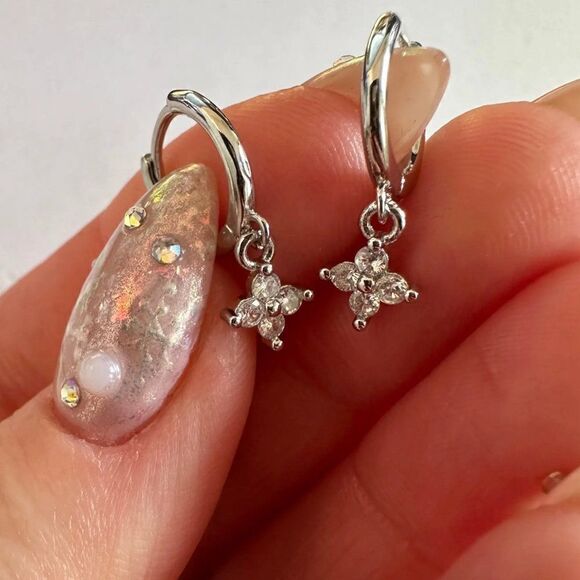 Dainty Crystal Flower Charm Hoop Earrings in Silver - Picture 3 of 6